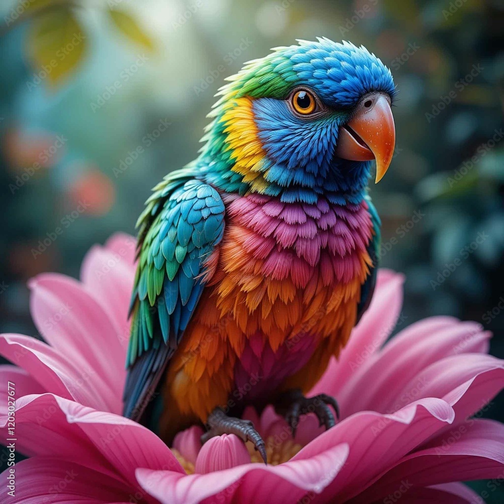 Fototapeta premium a colorful bird sitting on a pink flower, airbrush painting 