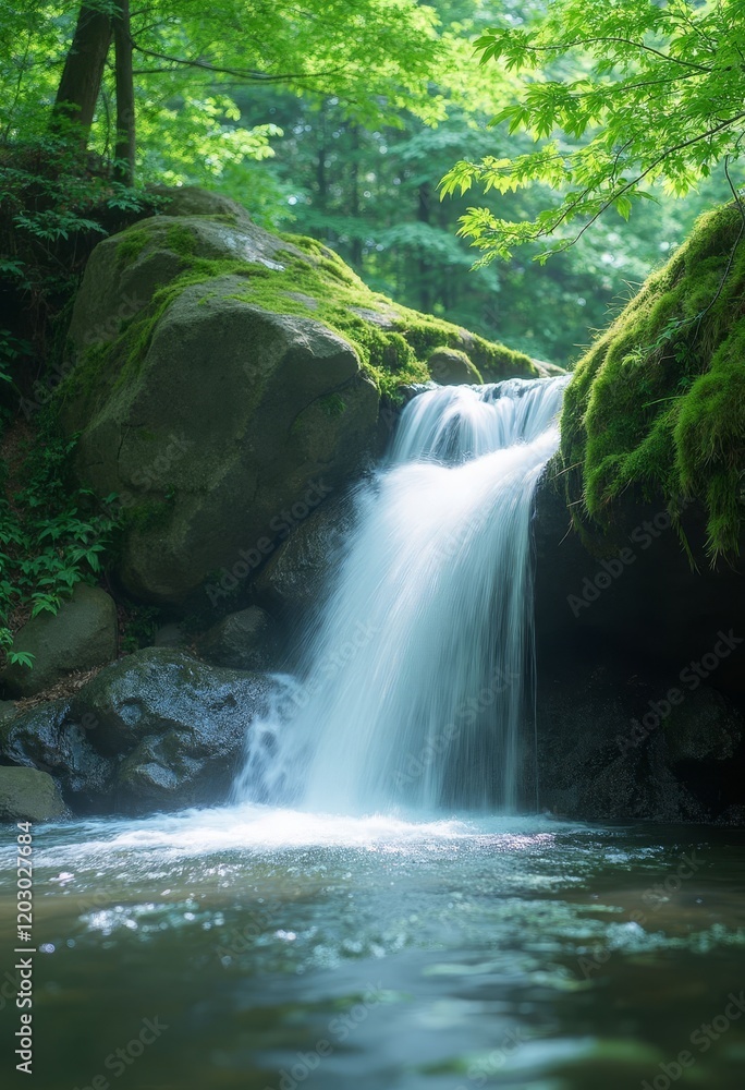 Fototapeta premium Waterfall flows over mossy rocks in forest