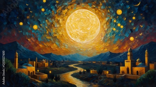 oil painting, Van Gogh style, Starry Night, Ramadan Karim, crescent moon, glowing lanterns, spiritual art, Ramadan night, holy month art, tranquil Ramadan scene, peaceful Ramadan, Islamic art, vibrant photo