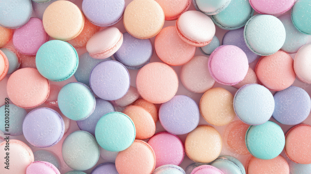 A playful arrangement of colorful macarons with intricate textures, pastel colors (pink, mint A playful arrangement of colorful macarons with intricate textures, pastel colors (pink, mint