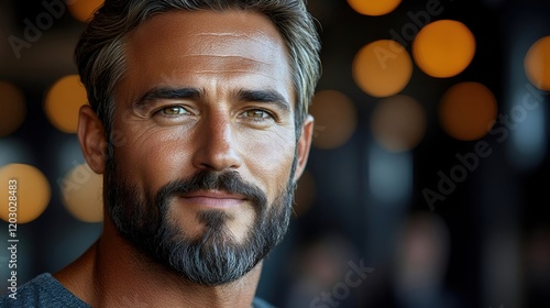 Close-up portrait of a man with a beard, showing a serious and determined expression.  His face is slightly wet with sweat, highlighting his intense g photo