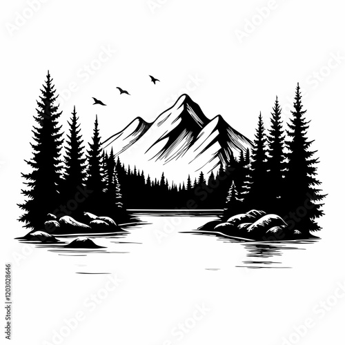 A mountain range with a river in between. Trees are in the foreground. Birds are flying in the sky