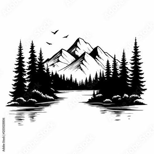 A mountain range with a river in between. Trees are in the foreground. Birds are flying in the sky