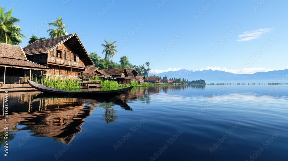 Tranquil Lake Village in Southeast Asia Tranquil Lake Village in Southeast Asia