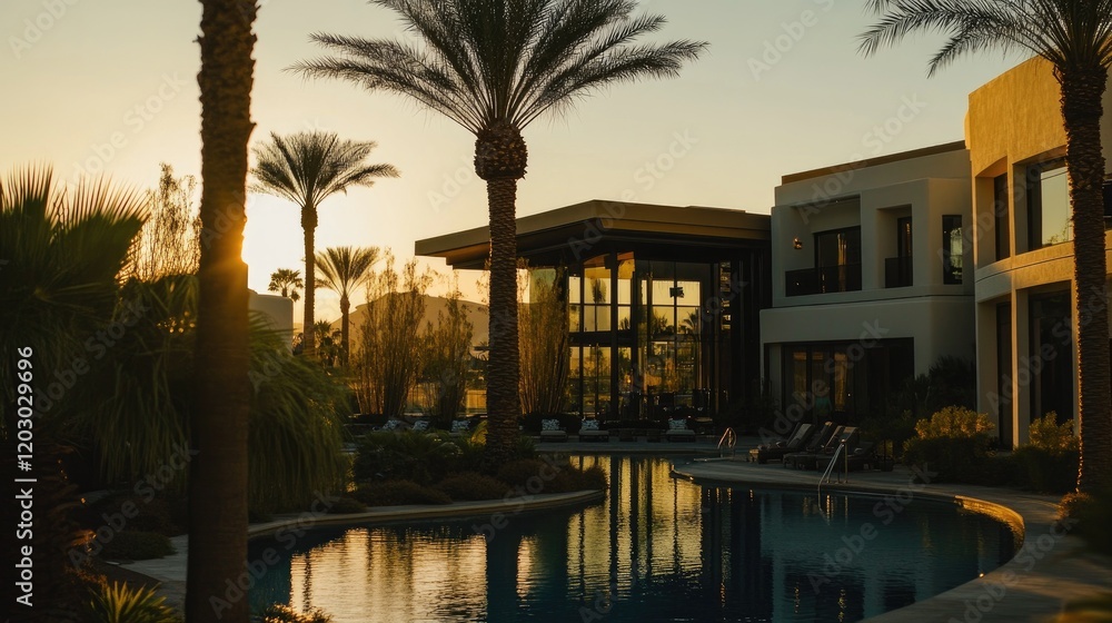 Fototapeta premium Sunset Serenity at a Luxurious Desert Resort Pool
