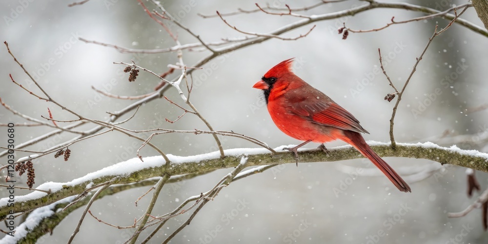 Bright red cardinal perched on a bare winter branch against a soft white snowy background, outdoors, bright red Bright red cardinal perched on a bare winter branch against a soft white snowy background, outdoors, bright red