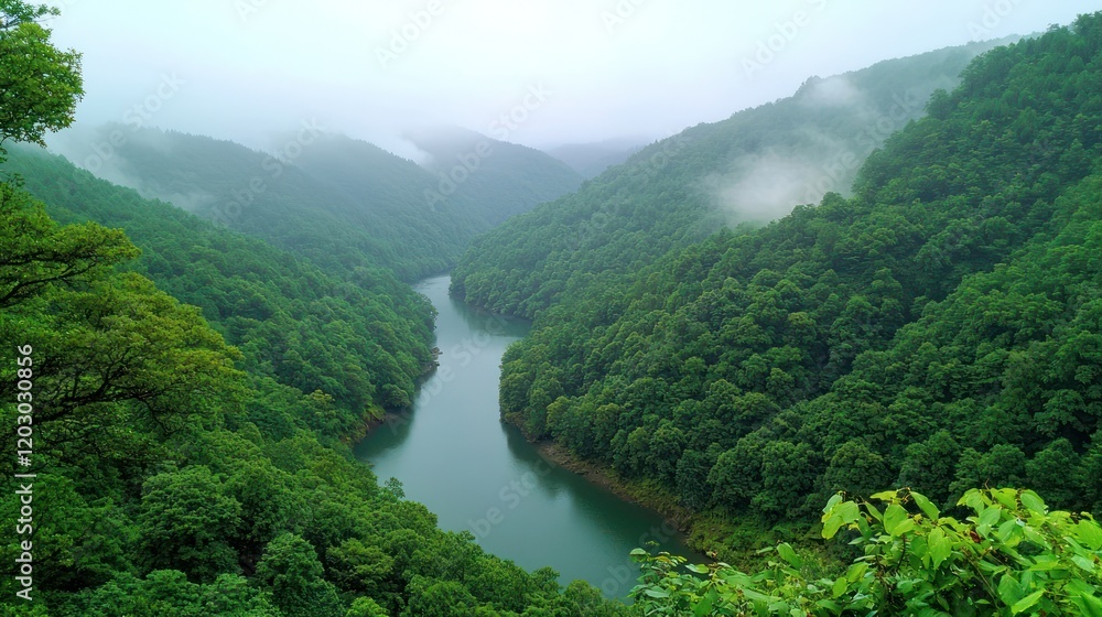 Misty River Valley in Lush Green Forest Misty River Valley in Lush Green Forest