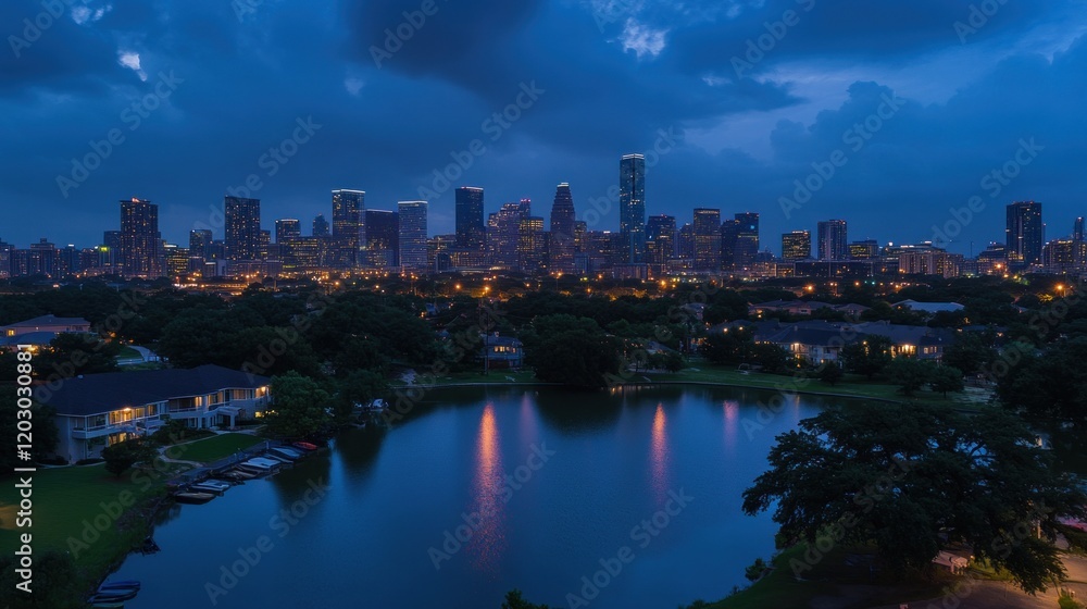 Naklejka premium Austin Texas Skyline at Twilight Over Lake