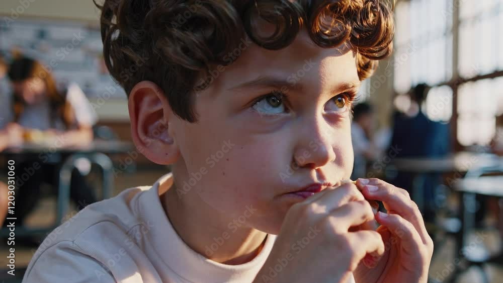 Thoughtful Young Boy Enjoying Lunch in School Cafeteria Thoughtful Young Boy Enjoying Lunch in School Cafeteria
