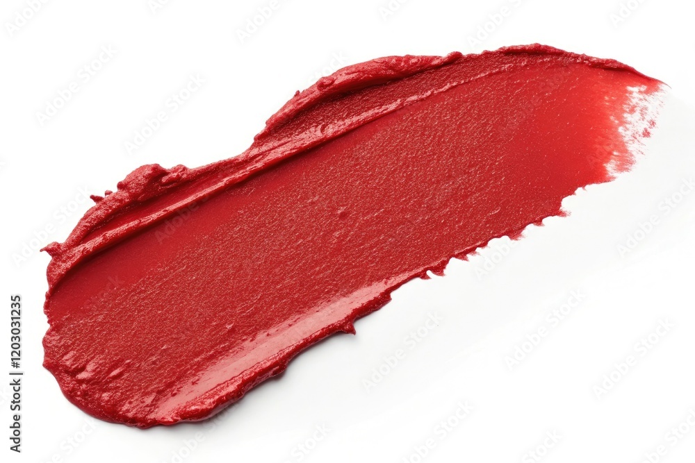 Bold bright red lipstick swatch on white background with glossy finish, bold, scarlet Bold bright red lipstick swatch on white background with glossy finish, bold, scarlet