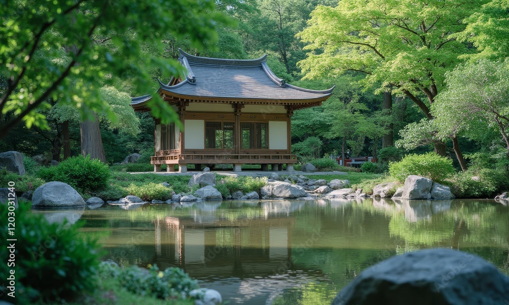 Naklejka premium Wooden pavilion by pond in lush green park