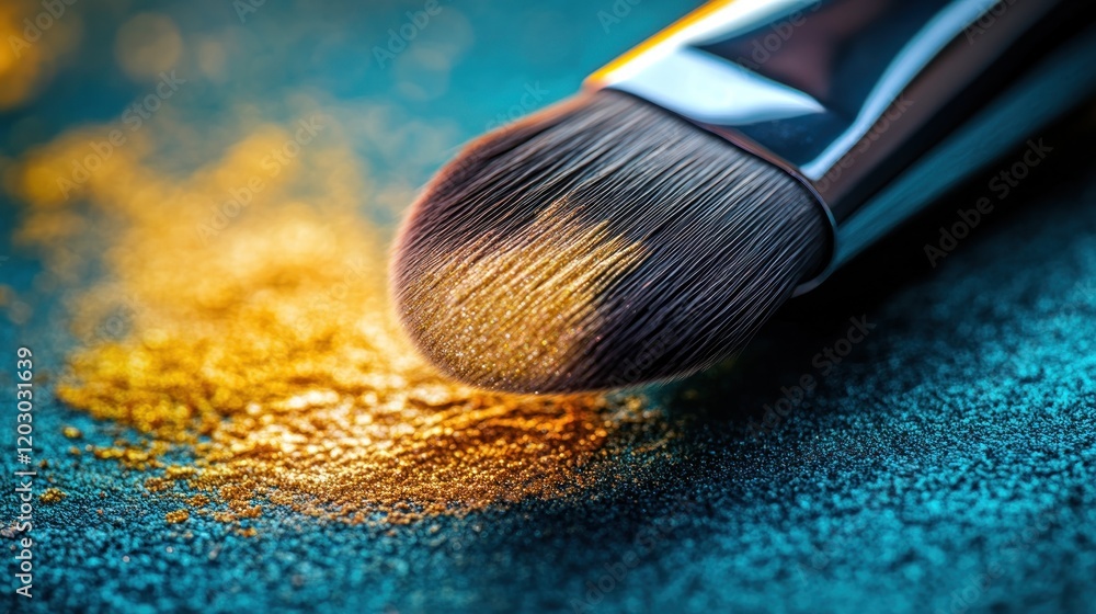 Golden shimmer makeup brush on teal surface Golden shimmer makeup brush on teal surface