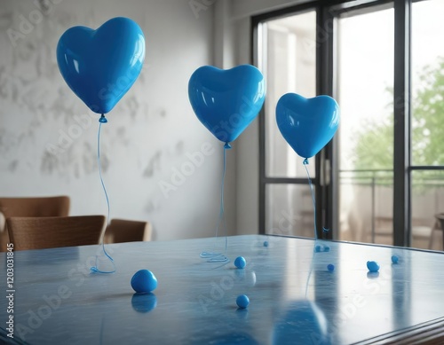 Blue heart-shaped balloons floating in mid-air near a glass table top, inflated colored objects, blue heart shaped orbs, glass table decoration photo