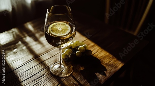 White wine with lemon slice and grapes	 photo