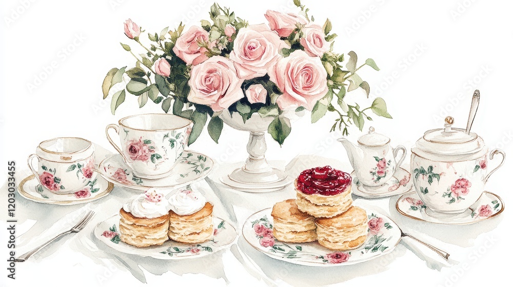 Watercolor illustration of British afternoon tea,tea break in the English style,tea set with Afternoon tea stand with macaroons and scone,cake,cup of tea,Tea time dessert table,vintage style. Watercolor illustration of British afternoon tea,tea break in the English style,tea set with Afternoon tea stand with macaroons and scone,cake,cup of tea,Tea time dessert table,vintage style.