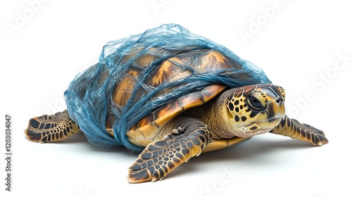 Turtle entangled in plastic debris, white isolated background. photo