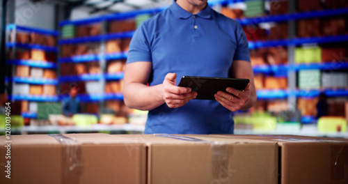 Tableau sur toile Delivery Man Worker Using Tablet