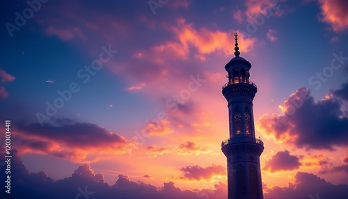 Majestic Mosque Minaret at Sunset, Inspiring Spirituality photo