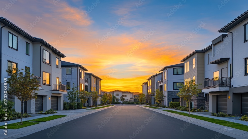 Modern residential street at sunset with townhouses Modern residential street at sunset with townhouses