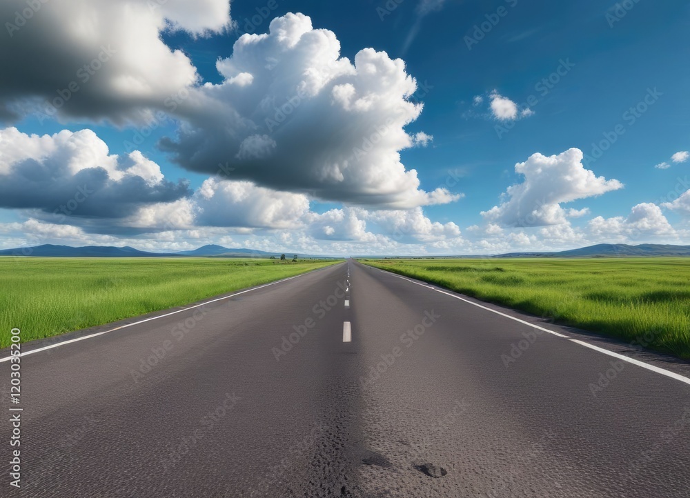 Asphalt road with green grass field in the background and a blue sky with white clouds, road leading to nowhere, white clouds, outdoor landscape Asphalt road with green grass field in the background and a blue sky with white clouds, road leading to nowhere, white clouds, outdoor landscape