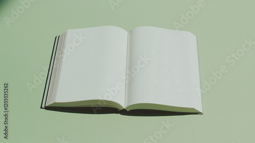 Blank Notebook on Pale Green: An open notebook with crisp white pages rests on a pale green surface, bathed in soft, natural light.  Ready for your ideas and stories.  photo