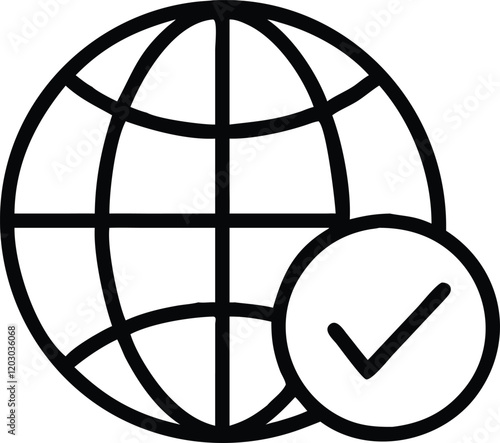 Website line icon. Globe flat icon with check mark outline. Web sign. Vector illustration.
