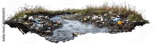 Wallpaper Mural Polluted stream surrounded by litter and waste, environmental degradation visible. Torontodigital.ca