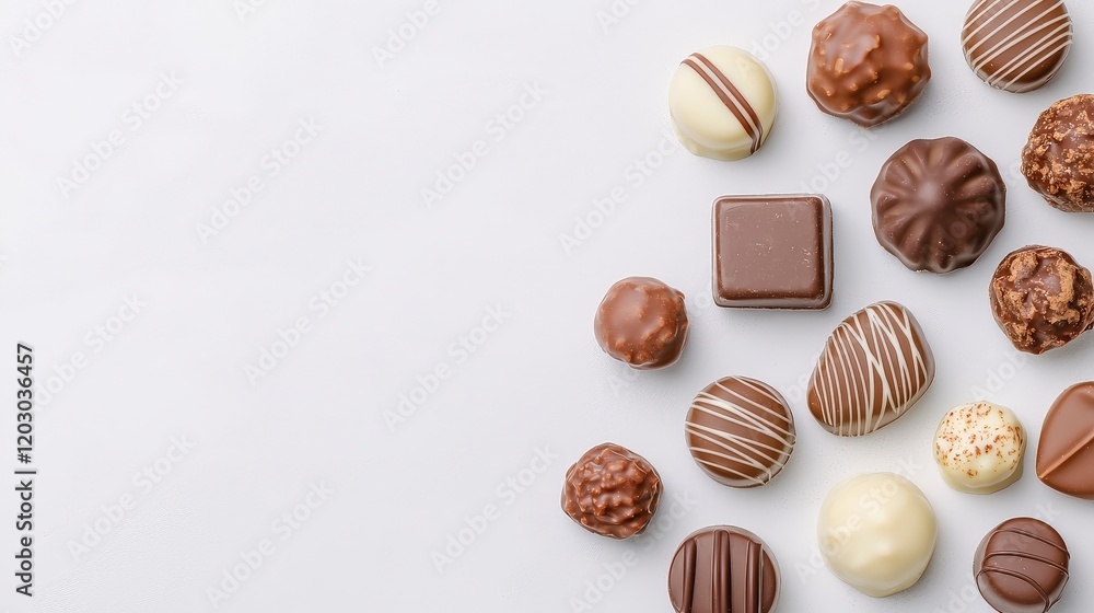 Assorted Gourmet Chocolate Confections on White Background Perfect for Sweet Treats and Dessert Designs Assorted Gourmet Chocolate Confections on White Background Perfect for Sweet Treats and Dessert Designs