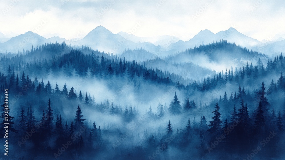 Obraz premium Serene misty mountainscape with dense evergreen forests and fog rolling through the valleys