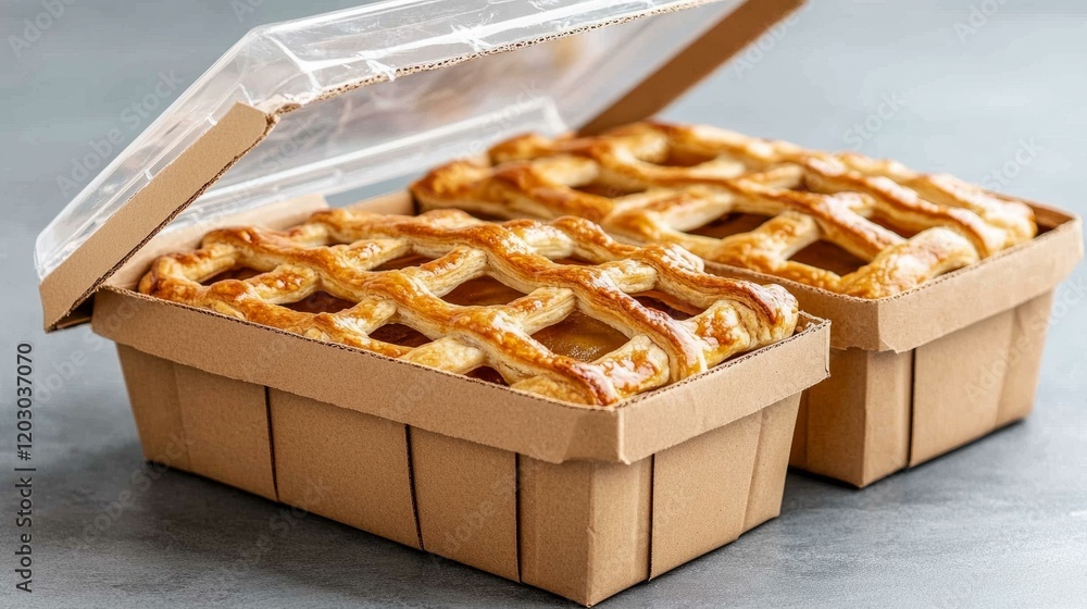Two boxes of wrapped apple pies stacked on a wooden surface ready for sale or serving Two boxes of wrapped apple pies stacked on a wooden surface ready for sale or serving