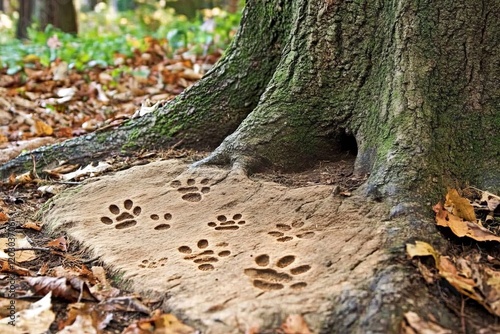 Footprints on a forest trail surrounded by trees and dried leaves. photo