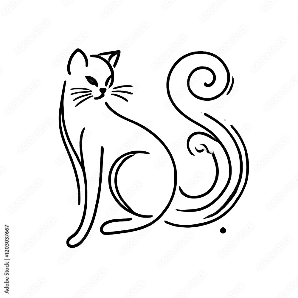 A minimalist cat line sketch on a white background, featuring a curled tail and pointed ears. A minimalist cat line sketch on a white background, featuring a curled tail and pointed ears.