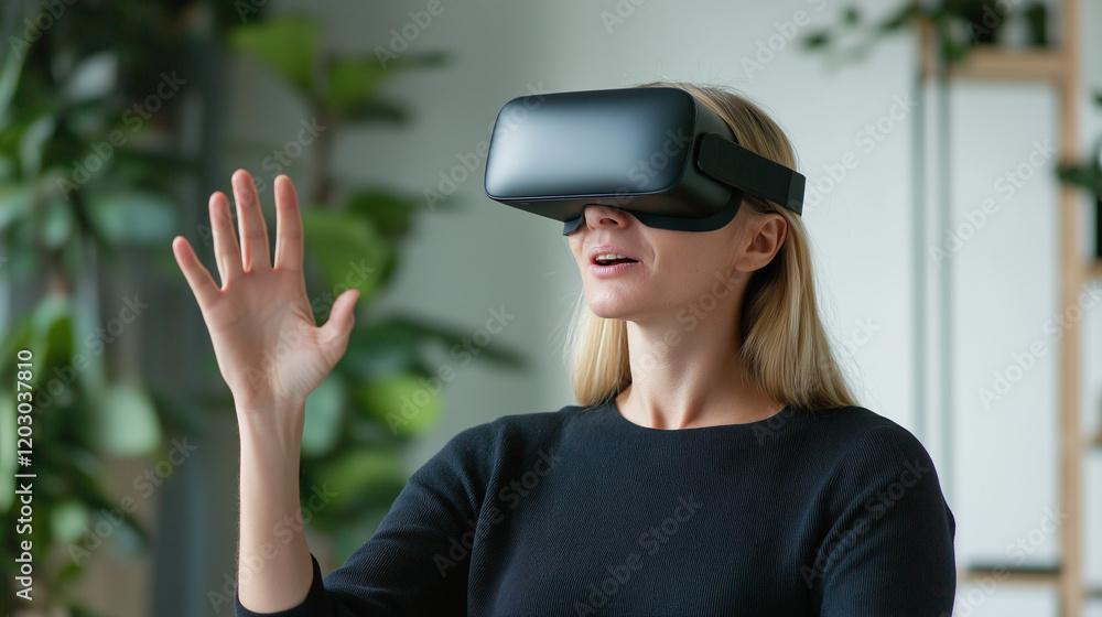 She is waving her hand in the air, fully immersed in the game She is waving her hand in the air, fully immersed in the game