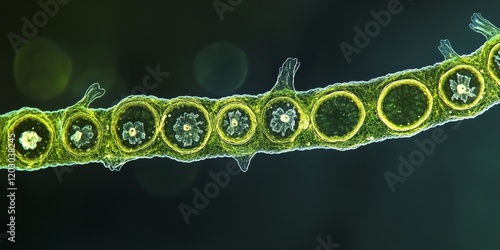 A microalga known as Euastrum turgidum, viewed at 400x magnification. The unique features of Euastrum turgidum are highlighted clearly at this powerful magnification level.