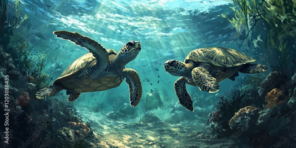 Fototapeta premium Underwater scene featuring graceful sea turtles. This captivating underwater view showcases sea turtles navigating their aquatic habitat. Discover the beauty of sea turtles in their natural