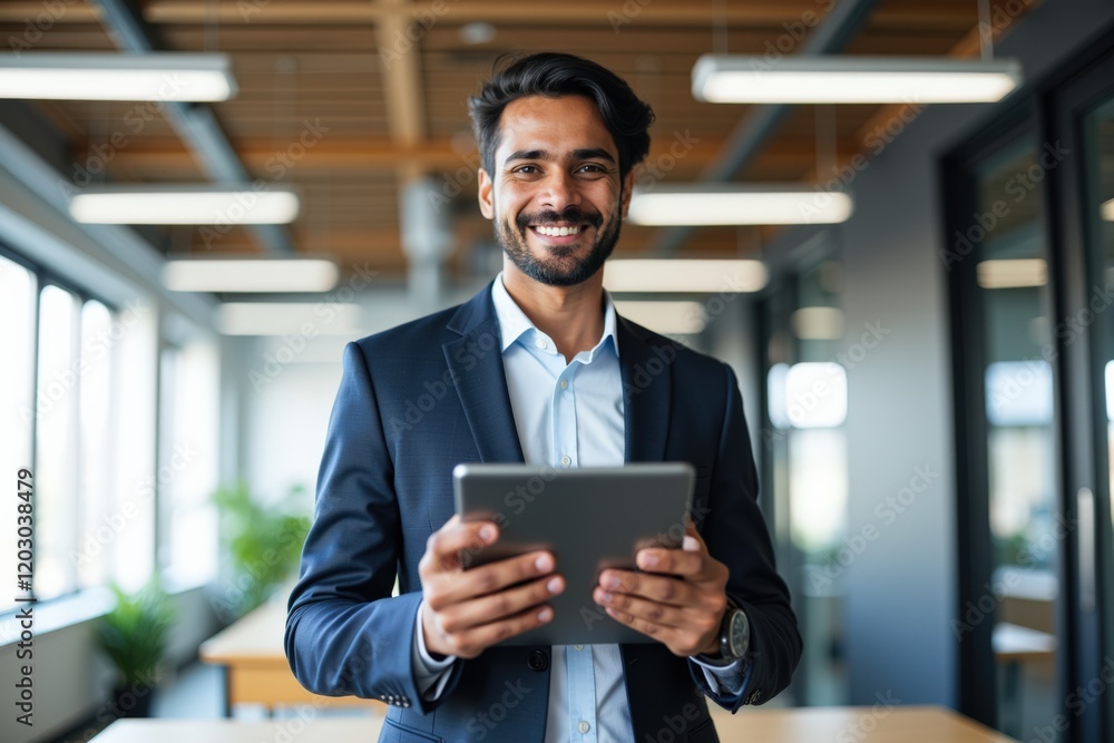 Professional Businessman in Office Environment Holding Tablet and Smiling, Showcasing Confidence and Modern Work Culture Professional Businessman in Office Environment Holding Tablet and Smiling, Showcasing Confidence and Modern Work Culture