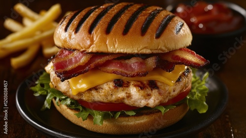 Grilled Chicken Bacon Cheese Burger with Fries photo