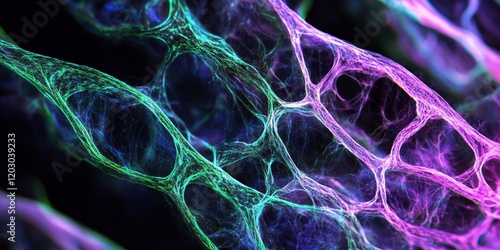 Microscopic view of bundles of myelinated fibers featuring central axons. The image highlights nerve sheaths in green, myelin in black, and central axons in purple, captured at 200x magnification. photo