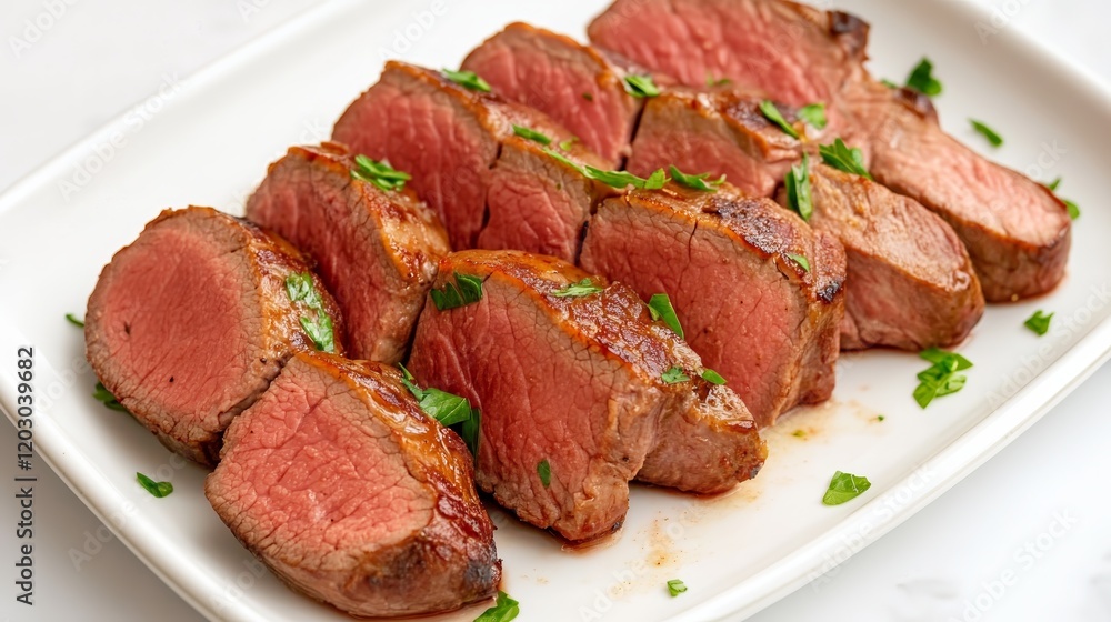 Sliced roasted meat garnished with herbs on a white platter. Sliced roasted meat garnished with herbs on a white platter.