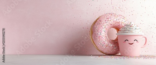 Pink Donut and Whipped Cream Cup on Glitter Background