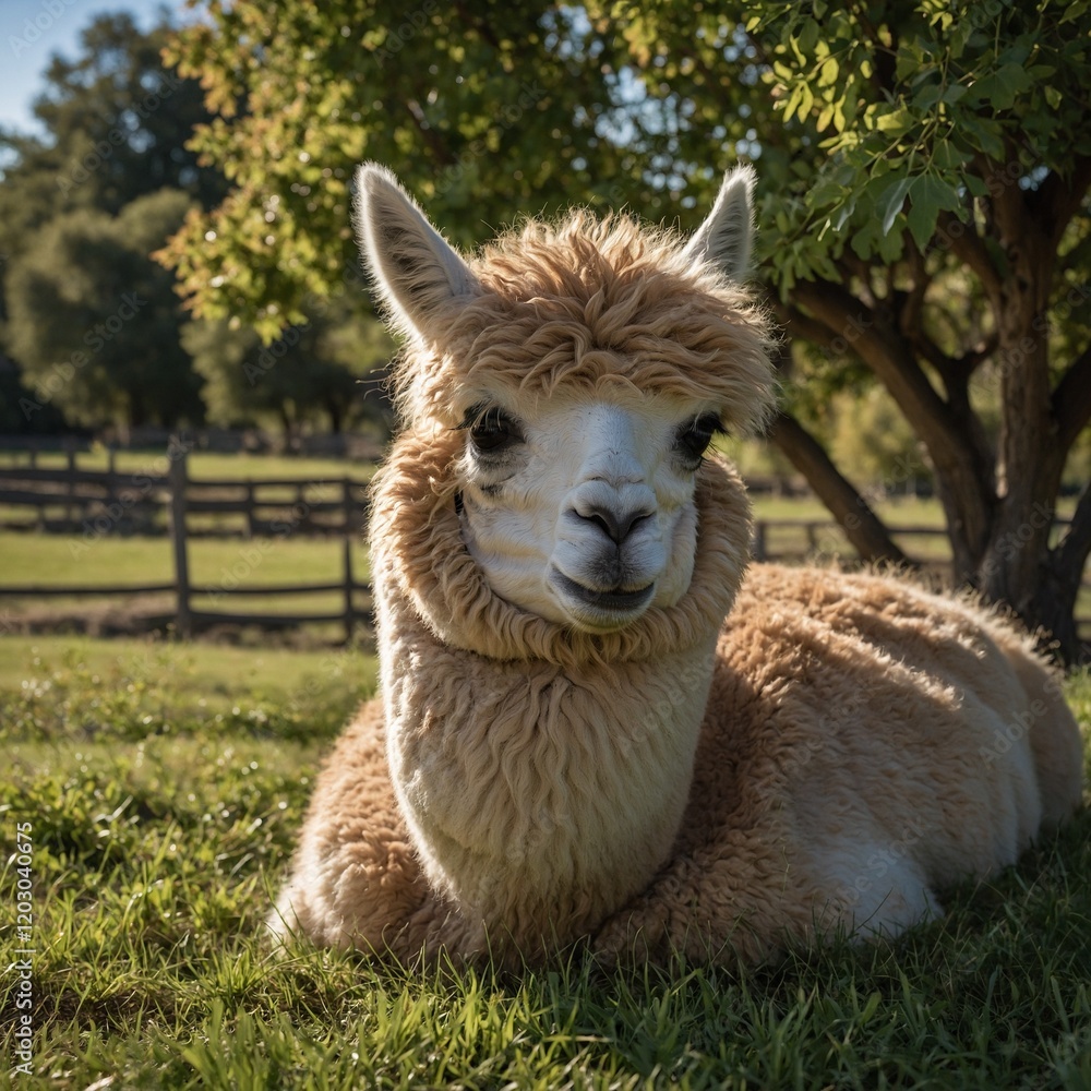 Obraz premium stock photography alpaca in a beautiful farm. White alpaca close up of face. A light brown colored alpaca looking off to the side of me showing his full face and neck