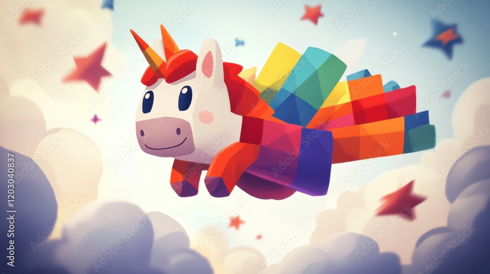Naklejka premium Rainbow Unicorn Flying Through Clouds