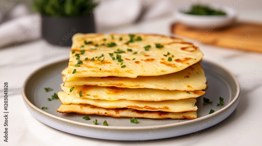 A stack of freshly made flatbreads garnished with chopped herbs on a plate. A stack of freshly made flatbreads garnished with chopped herbs on a plate.