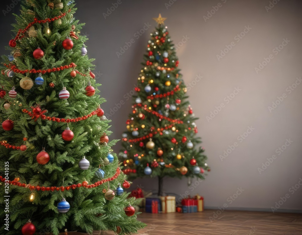 Christmas tree with green branches and colorful garlands, festive tree, tree ornaments Christmas tree with green branches and colorful garlands, festive tree, tree ornaments