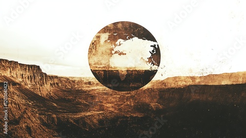 Abstract landscape with floating globe over rocky terrain, artistic and surreal vision. photo