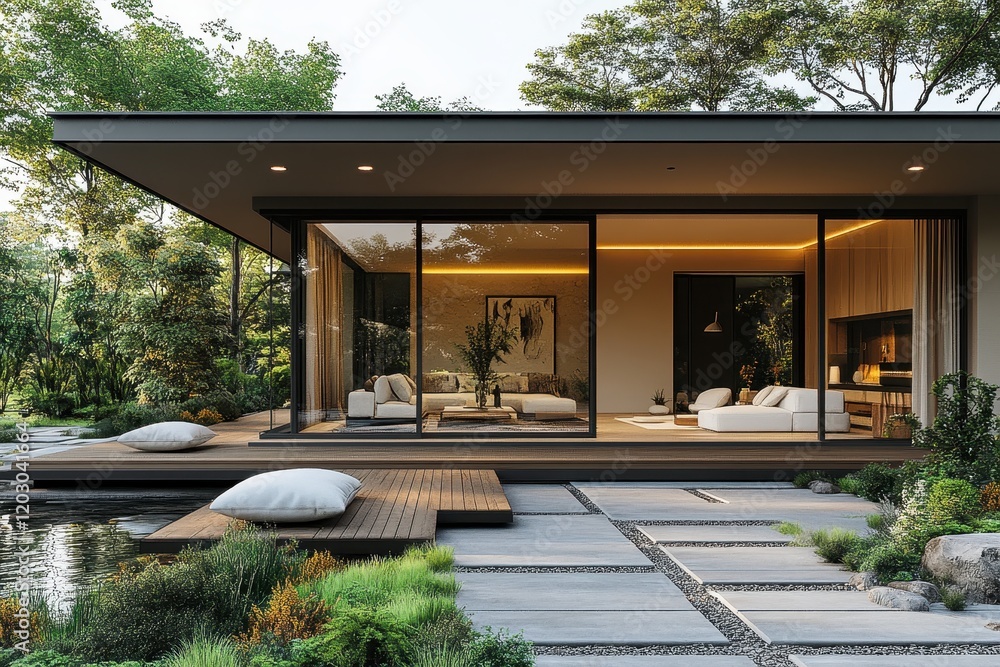 3D rendering of a modern house featuring a sliding glass door and minimalist design. 3D rendering of a modern house featuring a sliding glass door and minimalist design.