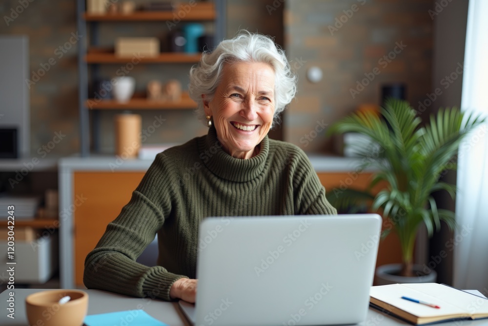 Joyful Senior Woman Working on Laptop in Modern Home Office Setting with Indoor Plant and Cozy Decor Joyful Senior Woman Working on Laptop in Modern Home Office Setting with Indoor Plant and Cozy Decor