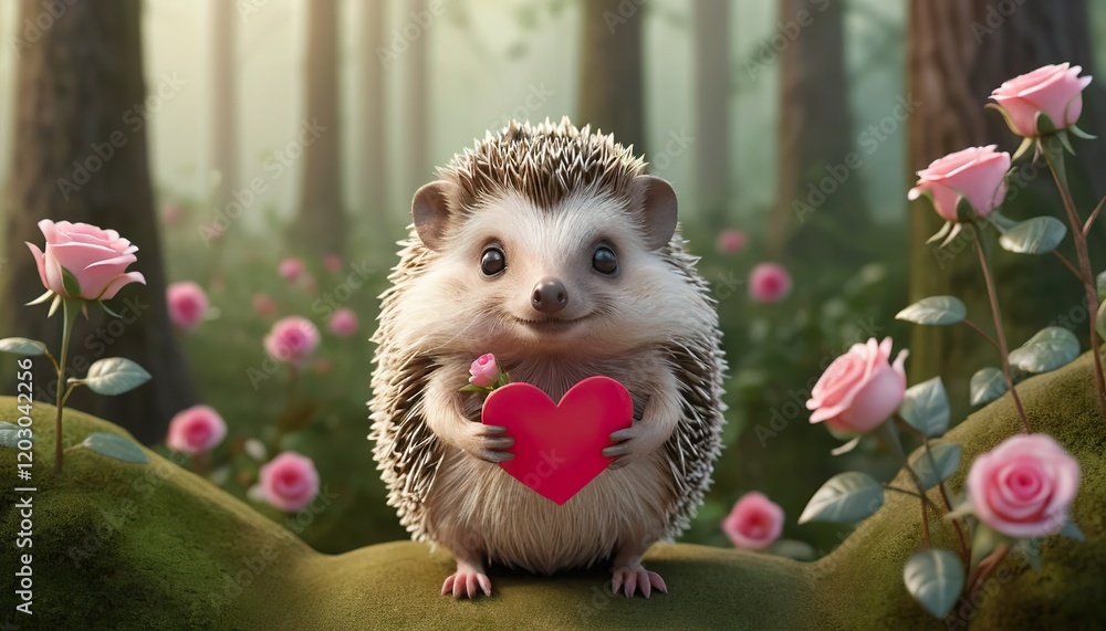 Cute hedgehog holding a red heart in a forest with roses. Cute hedgehog holding a red heart in a forest with roses.