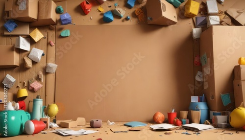 Cardboard background with scattered items and objects, cardboard box, clean slate photo