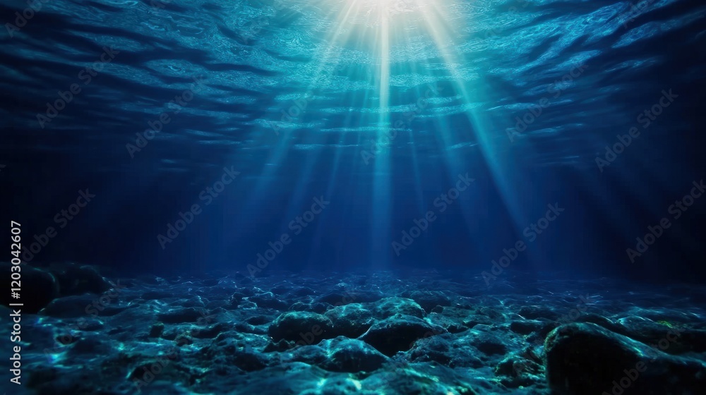 Fototapeta premium Ocean Depth: Sunbeams Illuminate Underwater Rocks